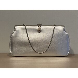 Vintage Silver Metallic Clutch Purse With Rhinestones